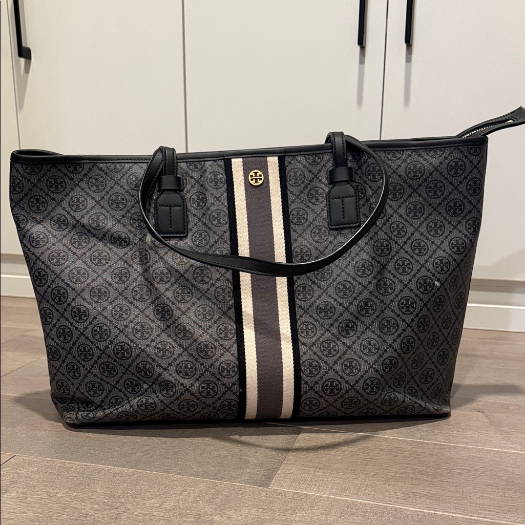 Tory Burch Black And Cream Patterned Tote